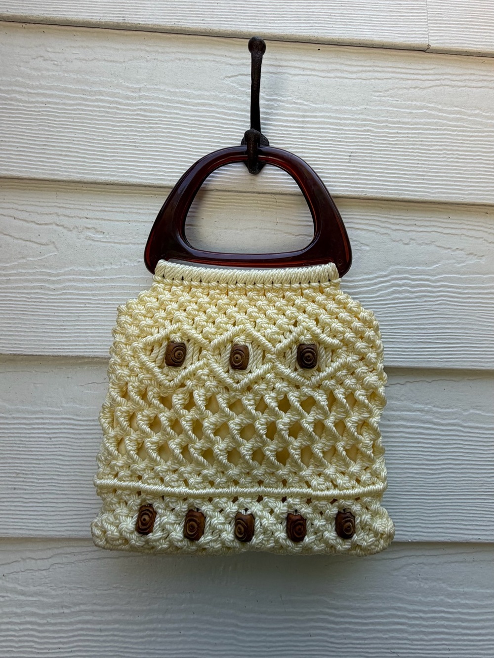 Vintage 70s Cream Macrame Crochet Lucite Handle Beaded Handbag